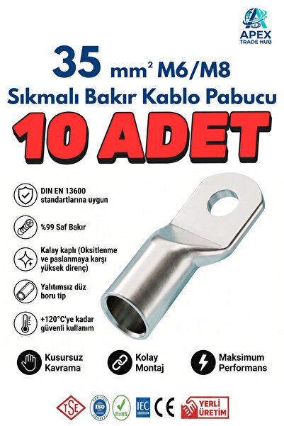 35mm M8 SKP Sıkmalı Bakır Kablo Pabucu - 10'lu Paket