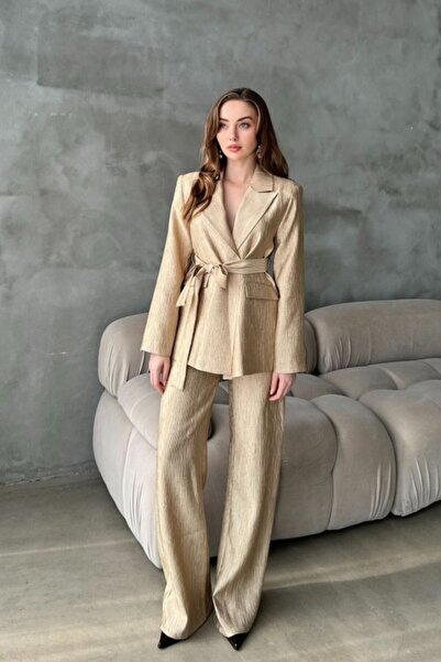 Elbee Fashion Woman Χρυσό Γυαλιστερό Σετ με Ζώνη στη Μέση