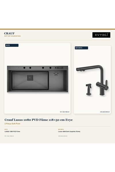 Crauf Lusso 1080 Füme 118x50 cm Evye + Lusso 4040 Batarya 2 Parça Set