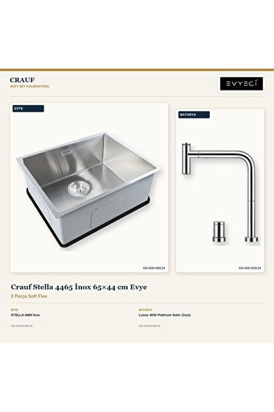 Crauf Stella 4465 İnox 65x44 cm Evye + Lusso 4030 Batarya 2 Parça Set