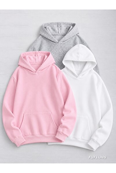 FUFLUNS White Pink Gray 3-Pack Oversized Women's Hooded Sweatshirt