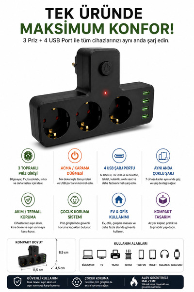 ARE 3’lü Topraklı Priz 4 USB Portlu Duvar Tipi Çoklayıcı Akım Korumalı Anahta...