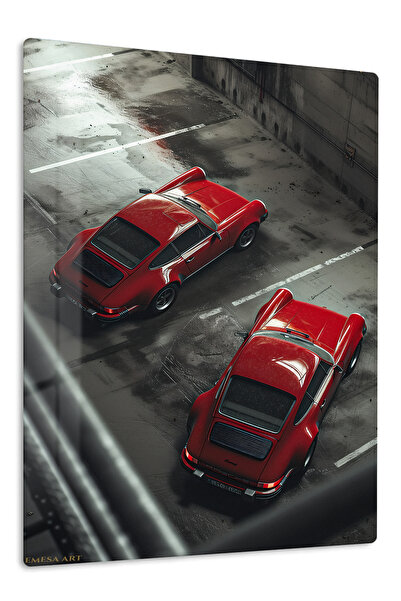 Emesa Art Red Classic Sports Cars Aerial Metal Wall Art