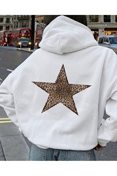 FUFLUNS Leopard Star Back Printed Oversized Women's Hooded Sweatshirt