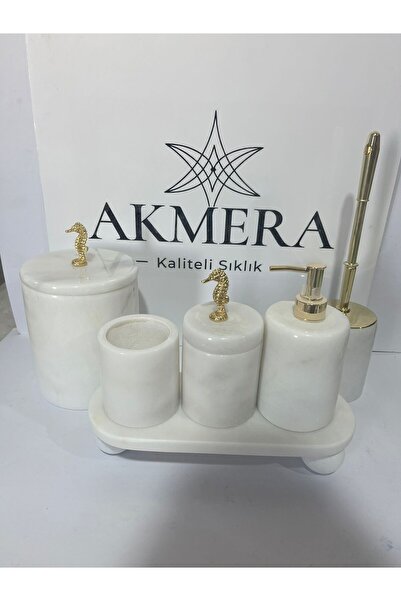 Akmera Home طقم حمام فاخر من الرخام الحقيقي مكون من 6 قطع مستطيلة الشكل