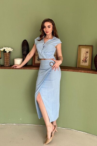 SEREMONİ BUTİK Blue Linen Crop Blouse and Slit Skirt Set