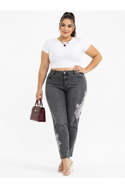 Trieste Plus Size High Waist Floral Lace and Pearl Detailed Denim Women's Tro...