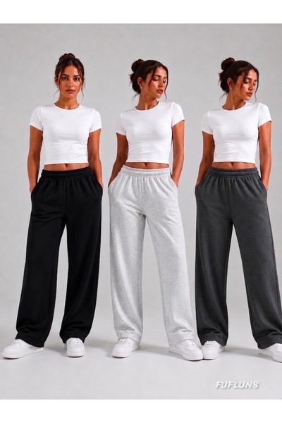 FUFLUNS Black Gray Anthracite 3-Pack Basic Oversize Women's Flat-Leg Sweatpants