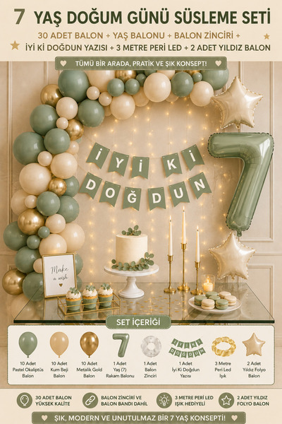 Parti Zamanı 7 Yaş Doğum Günü Süsleme Seti | 30 Adet Balon + 7 Yaş Balonu + B...