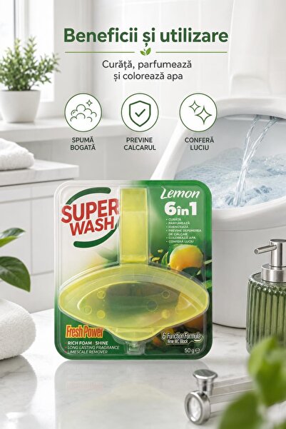 Super wash Odorizant WC 50 g Lămâie, Bloc Toaletă 6 în 1, Curățare și Igieniz...