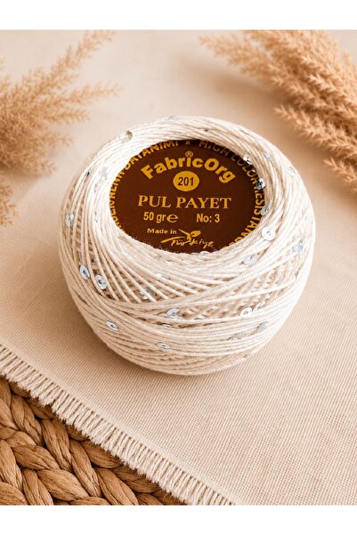 fabricorg Sequin Yarn for Knitting and Crocheting No:3 50 Gr - 201 Cream / Si...