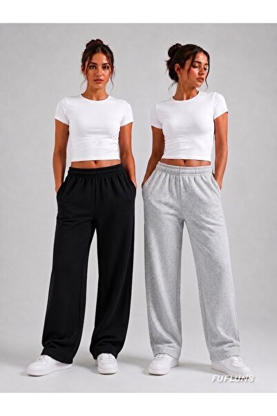 FUFLUNS Black Gray 2-Pack Duz Basic Oversize Women's Sweatpants