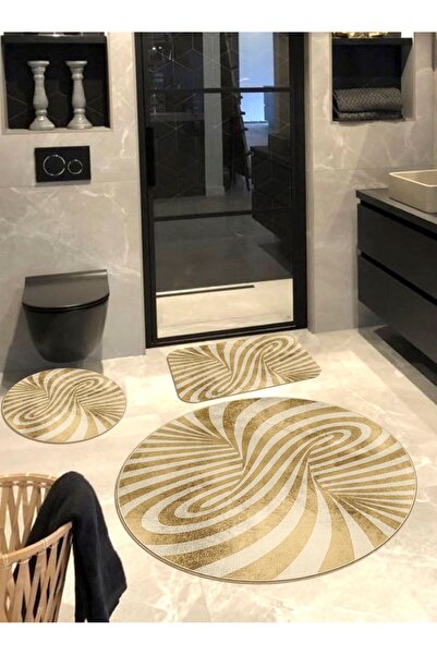 Ardizayn Girdap(Beige), Non-Slip Base 3-Piece Round Bathroom Rug(100X100-60X6...