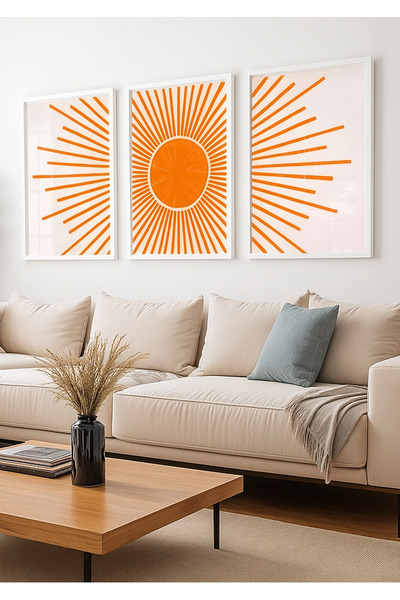 NT Handmade Natural Wooden Framed Set of 3 Orange Sun Paintings Decorative Wa...