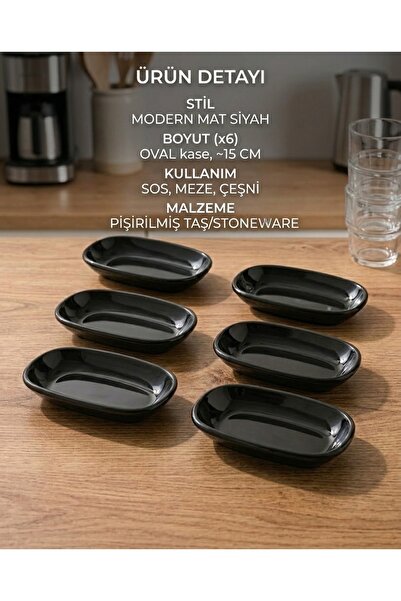 BİODATA 6 Adet Siyah Kayık Kırılmaz Melamin Mini Kayık Tabak Sosluk Reçellik (12 x 7 cm)