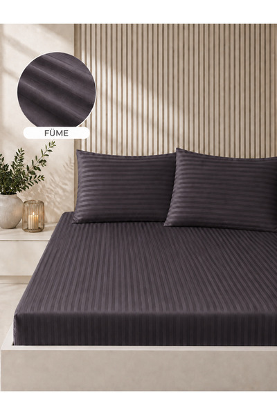 Bikaya Home طقم ملاءات سرير مزدوج من الساتان المخطط |   160×200+30 سم |   مرن...