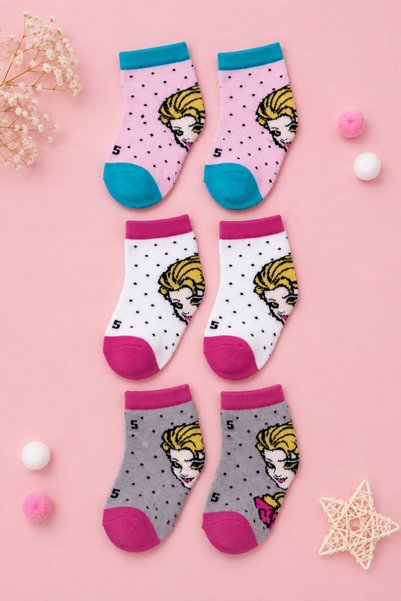 PANİVUE Girl's 3-Piece Patterned Booties Socks