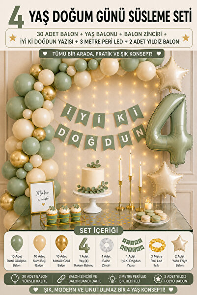 Parti Zamanı 4 Yaş Doğum Günü Süsleme Seti | 30 Adet Balon + 4 Yaş Balonu + B...