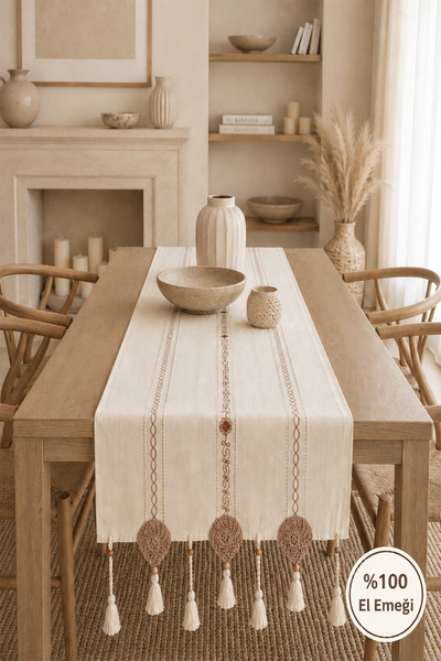 ÖDEL BULDAN Handmade Tasseled Lace Appliqué Runner, Console, Coffee Table Cov...