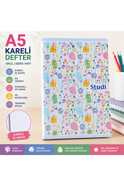 Studi A5 Kareli Defter 60 Yaprak – Renkli Şeker Desenli PP Kapaklı Okul ve De...