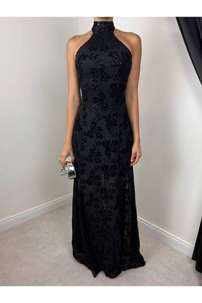 LOKADI Women's Black Halter Neck Sequined Backless Long Evening Dress