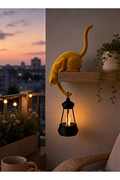 IL-HANST Askılı Kedi Figürlü Raf Dekoru 24 cm – LED Fenerli Minimalist Balkon...
