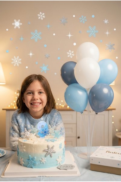 Partixa Kar Tanesi Temalı Beyaz Mavi Rakam Mum ve Balon Standı Seti - Doğum G...