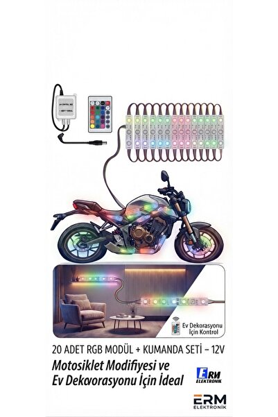 Ermelektronik RGB 3’lü Modül LED (20 Adet) + Kumanda Seti 12V IR Kontrol Moto...