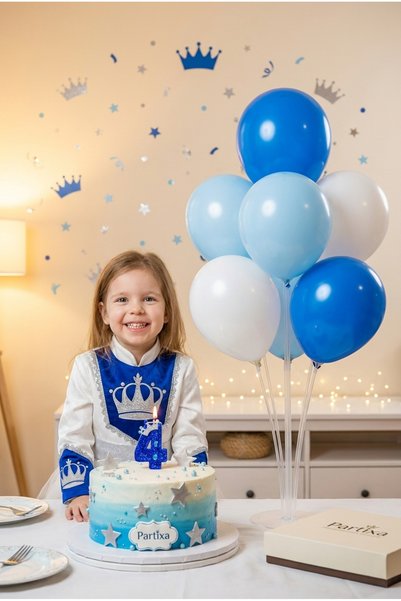 Partixa The Little Prince Concept Blue Glitter Crown Detailed Number Candle & Balloon Stand Set - Royal Themed Party Package