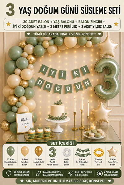 Parti Zamanı 3 Yaş Doğum Günü Süsleme Seti | 30 Adet Balon + 3 Yaş Balonu + B...