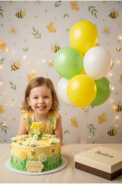 Partixa Arı ve Çiçek Temalı Sarı Yeşil Rakam Mum ve Balon Standı Seti - Doğum...