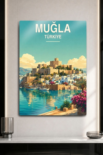 DekorHane Metalna slika - Muğla Bodrum zamak i pogled na marinu sa dekoracijo...