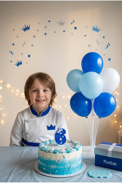 Partixa The Little Prince Concept Blue Glitter Crown Detailed Number Candle & Balloon Stand Set - Royal Themed Party Package