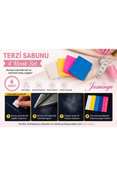 Jasminya 4 Adet Renkli Terzi Sabun Çizgi Taşı & Kumaş İşaretleme Seti Kolay S...