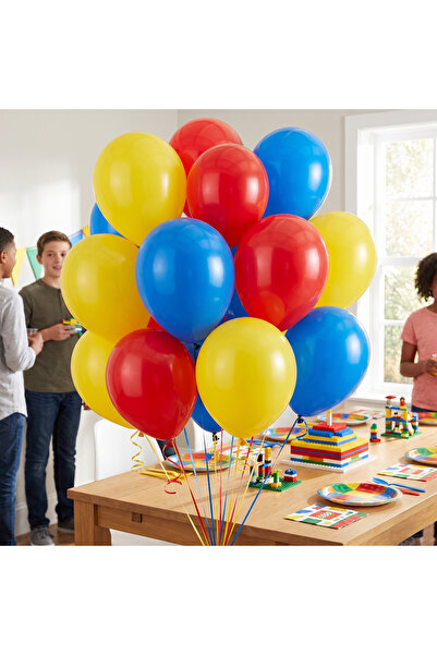 Gemar Sarı Mavi Kırmızı Lateks balon 15 adet set Lego Renkli bloklar doğum gü...