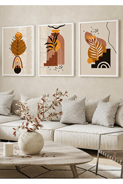 NT Handmade Set de 3 tablouri retro boeme cu rame din lemn natural, decor dec...
