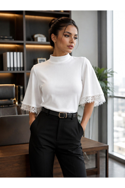 mixxtrend Women's Bat Sleeve Lace White Blouse