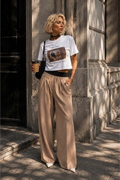 ibeeka Contrast Waist Detailed Wide Leg Palazzo Trousers - Mink