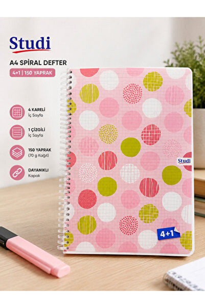 Studi 150 Yaprak A4 4+1 Spiralli Defter 4 Kareli 1 Çizgili – 5 Bölümlü Okul v...