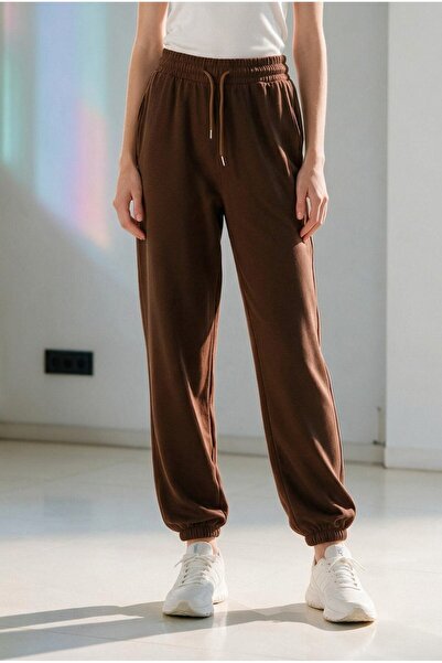 ELAFRO Women's Brown Modal Fabric Elastic Cuffed Silky Textured Sweatpants