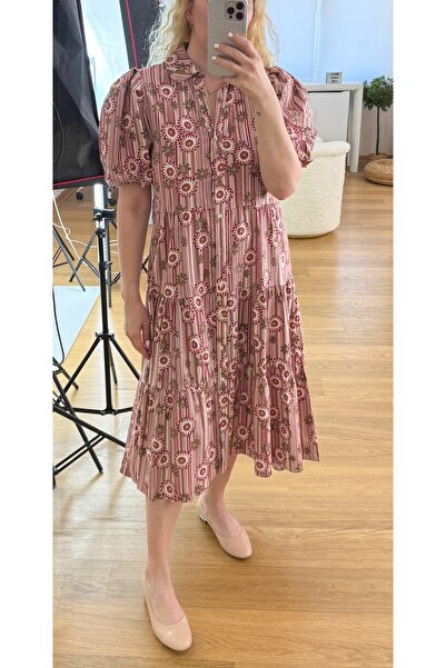Modaonna Çiçek desenli midi poplin elbise