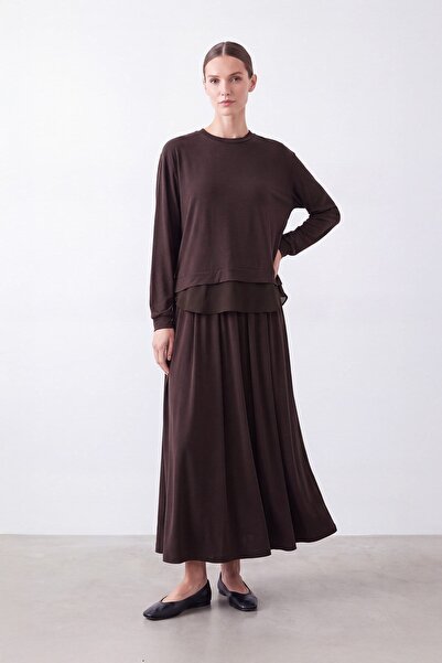 Puane Chiffon Detailed Modal Skirt Suit Brown 14420