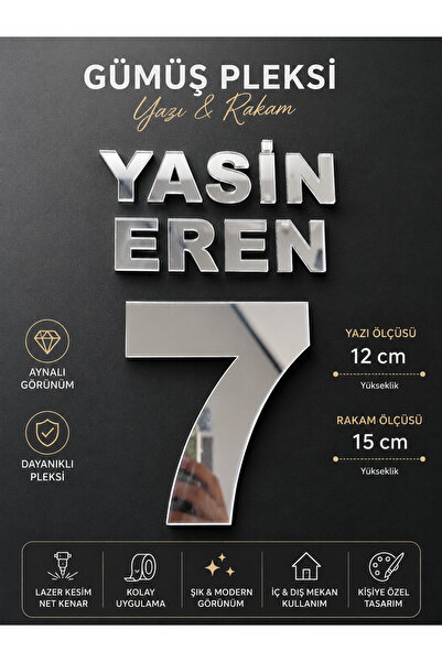 Boncukafası Kişiye Özel Gümüş Pleksi Harf ve Rakam | Aynalı Pleksi Yazı | Doğ...
