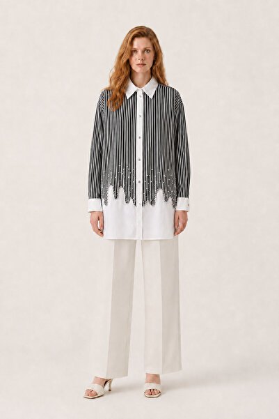Puane Stone Detailed Black Striped Shirt 10792