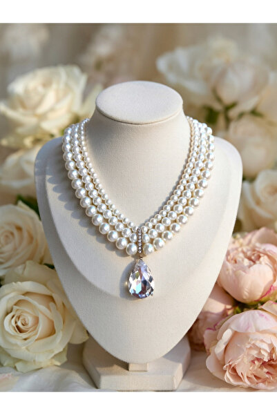 FAYRA ACCESSORIES Zirkon Taşlı İnci Kolye 3 Sıra Tasarım Su damlası Kolye Uçlu