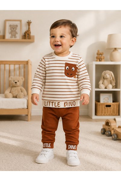buzy kids concept White Brown Striped Dino Pocket Baby Boy Seasonal 2-Piece S...