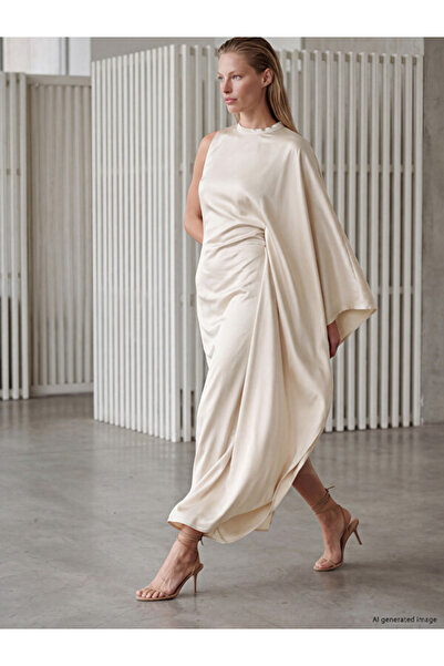 LC Waikiki Esvab • Modern & Distinctive High Collar Gathered Satin Evening Dress