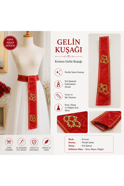 Genel Markalar Kırmızı Gelin Kuşağı – Altın İşlemeli Kına Nişan Düğün Bel Kuşağı