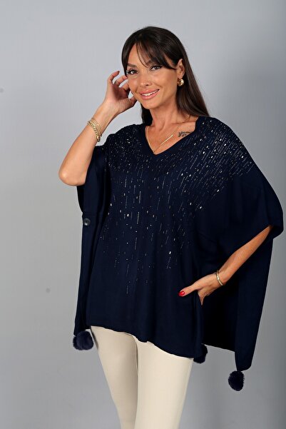 By Saygı Women's V-Neck Side Button Detailed Vertical Stone Embroidered Pompo...