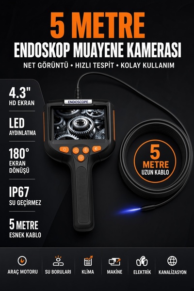 Sezy 5 Metre Endoskop Yılan Kamera Ip67 Su Geçirmez 4.3"Hd Ekranlı Ledli Tek ...